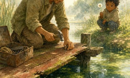 Un hombre (Lucas), de unos treinta años, expresión concentrada y dulce, cabello castaño corto, con chaqueta caqui y pantalón de lona, arrodillado en una pasarela de madera clavando con cuidado un clavo con un pequeño martillo; un niño de unos 6 años, pelo negro alborotado y sonrisa curiosa, sostiene un diente de león en la orilla observando; un pequeño caracol de concha perlada sobre una hoja de alga verde junto al borde; la pasarela de tablones viejos rojizos con musgo y grietas, sostenida por postes, y una caja de herramientas metálica oxidada abierta cerca con clavos, lima y cuerda; el canal cubierto de algas verde esmeralda y oscuro, agua calma que refleja la niebla matinal y cañas amarillas, con algunas burbujas plateadas; ambiente suave y luminoso en tonos pastel tipo acuarela con verdes profundos y marrones cálidos, luz matinal filtrada y sombras delicadas; la escena muestra a Lucas reparando una tabla frágil de modo atento y protector mientras el niño y el caracol observan.