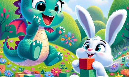 Una pequeña dragona llamada Lila, con escamas brillantes de color turquesa y alas suaves como terciopelo, expresa una alegría deslumbrante, su sonrisa iluminando su rostro. Está saltando alegremente en un campo de flores coloridas, con los ojos brillando de felicidad. A su lado, un pequeño conejo llamado Nico, con pelaje blanco y grandes orejas, muestra una expresión de orgullo y emoción, sosteniendo un bloque de madera roja con sus patas delanteras. Ambos se encuentran en medio de un hermoso paisaje forestal, con árboles verdes de hojas brillantes y un cielo azul salpicado de nubes esponjosas. La escena representa el momento en que Lila y Nico construyen juntos una gran torre de bloques coloridos, rodeados de flores vibrantes y una atmósfera alegre, simbolizando la amistad y el compartir.