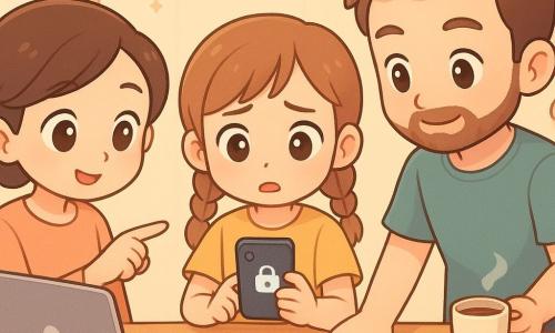 O fată de 12 ani cu față rotundă, ochi mari și păr șaten deschis în două cozi împletite, expresie îngrijorată dar ușurată, ține un smartphone și arată ecranul; mama, ~38 ani, păr brun prins în coc, zâmbet calm, stă în stânga și arată o fereastră de setări pe un laptop; tatăl, ~40 ani, barbă scurtă, tricou casual, stă în dreapta aplecat spre masă, folosește touchpadul și ține o cană de ceai; scena are loc la o masă de bucătărie din lemn deschis, pe care e o foaie cu lista „Stop—Gândește—Întreabă”, o ceașcă de ceai aburind, un bol cu fructe și un suport de chei în fundal; atmosferă caldă, luminoasă, culori pastel, șervețel cu inimioare și steluțe; familia face o „misiune de date”, verificând împreună permisiunile telefonului, ecranul arătând pictograme de contacte și lacăt, ton de sprijin și învățare.