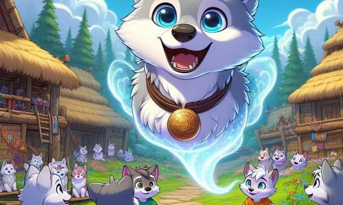 Lupo, ein kleiner Wolf mit weichem, grauem Fell, großen neugierigen Augen und einem staunenden Lächeln, steht im Zentrum des Bildes und trägt ein glänzendes Amulett um den Hals. Fasziniert schaut er auf eine Gruppe junger Wölfe in bunten Kleidern, die um einen großen Holztisch sitzen und lernen, Werkzeuge herzustellen. Chrono, ein leuchtender und ätherischer Zeitgeist, schwebt neben Lupo, hat das Aussehen einer funkelnden Wolke, seine Augen strahlen Weisheit und Freundschaft aus, während er die jungen Wölfe anlächelt. Die Szenerie zeigt ein lebhaftes Wolfdorf mit Holzhäusern und Strohdächern, umgeben von üppigem Grün und bunten Blumen. Im Hintergrund erheben sich majestätische Bäume unter einem strahlend blauen Himmel, der mit sanften Wolken gesprenkelt ist. Die Szene zeigt Lupo und Chrono, die staunend die jungen Wölfe beim Lernen beobachten und die Magie des Lernens und die Neugier, die sie auf dieser Zeitreise vereint, illustrieren.