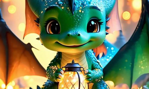 Fluffy, un mic dragonaș cu solzi strălucitori ca stelele, este în centrul imaginii, cu un zâmbet larg și uimit pe fața sa veselă. El ține un lampion magic care strălucește, iluminându-i fața cu o lumină aurie. Lângă el, Dragoneta, mama sa dragon cu solzi verzi și ochi blânzi, îl privește cu tandrețe, zâmbind călduros. În fundal, familia Goblini, creaturi prietenoase cu pielea aspră și ochi sclipitori, stă lângă o masă decorată cu supe delicioase, fețele lor radiază de fericire. Sunt înconjurați de baloane colorate care plutesc în aer, adăugând o notă festivă scenei. Locația este o poieniță fermecată, luminată de luna, cu copaci măreți și flori strălucitoare dansând în vânt. Lanternile suspendate creează o atmosferă caldă și magică. Situația principală arată cum Fluffy și familia sa împărtășesc un moment de bucurie și surpriză, descoperind lampionul magic care le iluminează seara de Ramadan, simbolizând dragostea și convivialitatea.