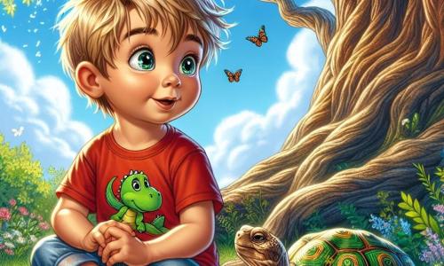 Een vierjarig jongetje genaamd Max, met rommelig blond haar en sprankelende nieuwsgierige ogen, zit onder een grote oude boom met een knoestige stam. Hij draagt een rood t-shirt met een dinosaurusafbeelding en een spijkerbroekshort, en zijn gezicht toont een zachte verwondering terwijl hij naar de wolken in de blauwe lucht kijkt. Naast hem ligt een oude wijze schildpad met een groene schild versierd met gouden patronen op het gras. Ze heeft zachte en wijze ogen en lijkt aandachtig naar Max te luisteren, alsof ze haar kennis deelt. De plek is een betoverende tuin, vol met kleurrijke bloemen en vlinders die omheen fladderen. De zon straalt door de bladeren van de boom en creëert dansende schaduwen op de grond. Max stelt de schildpad een vraag over zijn plaats in de wereld, terwijl de schildpad, met een welwillende glimlach, hem waardevolle adviezen geeft over zelfontdekking en het belang van vriendschap.