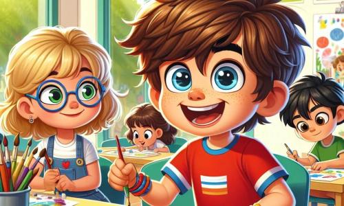 A 7-year-old boy, Max, with messy brown hair and sparkling blue eyes, is enthusiastically painting at an art table. He wears a red t-shirt and blue shorts, and his face shows great joy and concentration. Next to him, his best friend Lily, a 7-year-old girl with braided blonde hair and round glasses, admires his work while holding a colorful paint palette. She smiles and encourages Max. In the background, Jake, a 7-year-old boy with black hair and a green t-shirt, sits in a chair, focused on drawing a large tree on his paper. The scene takes place in a bright room at the Sunnyville community center, decorated with colorful posters and children's creations on the walls. Large windows let in sunlight, illuminating the tables filled with art supplies. The main situation shows Max and his friends having fun creating art together, celebrating the joy of playing and creating without screens, while sharing laughter and encouragement.