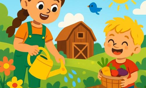 A young woman named Maya, with brown hair in a braid, wears a green overall and rubber boots. She has a radiant smile and sparkling eyes as she waters her small plants in the garden. Next to her, a 7-year-old boy with messy blonde hair holds a small basket filled with freshly picked vegetables, smiling joyfully with rosy cheeks from the effort. The garden is vibrant, with rows of colorful vegetables, bright flowers, and birds singing in the blue sky. In the background, an old wooden barn stands surrounded by lush fields under a bright sun. Maya and the boy are busy watering the young sprouts, their faces glowing with happiness and enthusiasm, sharing a moment of camaraderie in the lively farm atmosphere.