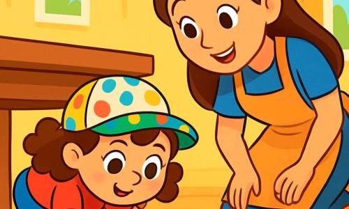 O fetiță de 4 ani, cu ochi mari și strălucitori și părul creț brun, poartă o pălărie drăguță cu buline colorate. Are un zâmbet curios și hotărât, aplecându-se sub o masă, căutând brățara colorată pierdută. Lângă ea, mama ei, o femeie zâmbitoare de aproximativ 30 de ani, cu părul lung și drept, poartă un șorț de bucătărie. Se apleacă de asemenea, uitându-se sub mobilă cu o expresie încurajatoare și amuzată. Casa lor este călduroasă și luminoasă, cu pereții vopsiți în galben deschis, jucării împrăștiate pe podeaua din lemn deschis și o fereastră mare care lasă să intre lumina soarelui. Situația principală arată fetița și mama ei în plină anchetă, căutând împreună brățara pierdută, înconjurate de o atmosferă veselă și jucăușă, plină de culori vii și detalii încântătoare.