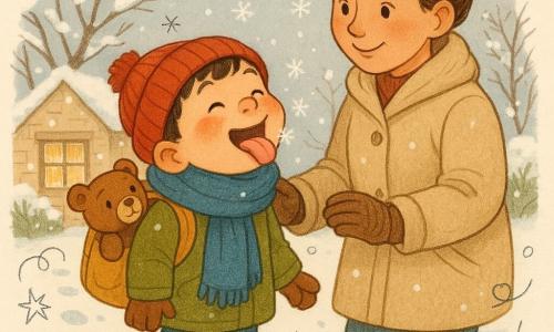 A joyful, peaceful scene of a 4-year-old boy with a round, chubby face and rosy cheeks, smiling with his tongue out to catch a snowflake; he wears a red wool hat, a chunky blue scarf and thick boots, a small brown teddy peeks from his backpack, and behind him a woman in her thirties with light brown hair in a bun, a beige coat and knitted gloves looks on tenderly, lightly supporting his shoulder; they stand in a snowy garden before a stone house with paned windows, snow-covered branches, round footprints in fresh snow and visible flakes against a pale gray sky, soft lighting and sharp textures, warm clothing colors contrasting with the cold white landscape.