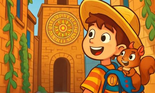 Um garoto chamado Theo, com cerca de 10 anos, está diante de uma antiga torre do calendário, seu rosto iluminado pela excitação e curiosidade. Ele usa um grande chapéu de palha, uma camiseta listrada e um short, com uma mochila colorida nas costas, cheia de objetos misteriosos. Ao seu lado, um esquilo chamado Saltitão, com pelagem marrom e olhos brilhantes, sobe em seu ombro, olhando ao redor com uma expressão travessa. A cena acontece em uma viela de paralelepípedos, cercada por antigos edifícios de tijolos, onde trepadeiras verdes sobem pelas paredes. O céu é azul e nuvens brancas flutuam suavemente. A torre do calendário, majestosa e desgastada pelo tempo, se ergue ao centro, com seu relógio dourado brilhando ao sol. Theo e Saltitão se preparam para entrar na torre, seus corações batendo de excitação ao descobrirem um passageiro secreto que pode levá-los a tesouros esquecidos.