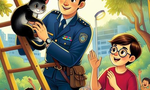 Um policial homem, na casa dos trinta anos, com um uniforme azul-marinho, um sorriso caloroso e olhos brilhantes de bondade, está descendo de uma escada, segurando delicadamente um pequeno gato preto em seus braços. Ele tem cabelos castanhos, curtos, e usa um boné de policial. Ao seu lado, um garoto de doze anos, Lucas, com cabelos castanhos e óculos redondos, observa a cena com admiração, com os braços levantados em sinal de incentivo. Ele veste uma camiseta vermelha e um short azul, e se posiciona logo abaixo da escada, pronto para ajudar. Ao fundo, um parque verdejante, iluminado, com árvores frondosas e crianças reunidas, aplaudindo e sorrindo, criando uma atmosfera alegre e animada. A situação principal mostra o policial salvando um gato preso em uma árvore, enquanto Lucas e as outras crianças o incentivam, ilustrando o espírito de ajuda mútua e comunidade.