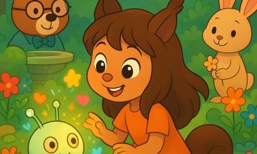 Lila, uma esquila de olhos brilhantes e pelagem marrom sedosa, está no centro de um jardim secreto, seu rosto radiante de curiosidade e alegria. Ela toca uma pequena sonda extraterrestre, Zib, que tem forma arredondada, olhos em forma de botão e antenas cintilantes, emitindo uma luz suave e acolhedora. Zib, com uma expressão maravilhada, projeta imagens coloridas no ar, iluminando o jardim. Ao redor, personagens secundários importantes aparecem ao fundo: um ursinho professor com óculos redondos, que observa intrigado, e uma coelha de grandes orelhas, que sorri gentilmente, segurando uma pequena flor nas patas. O jardim é repleto de sofás de flores multicoloridas, pedras cobertas de musgo e uma velha fonte de pedra, onde a água não flui mais, mas que emana uma atmosfera mágica. A cena principal mostra Lila e Zib compartilhando um momento de amizade, cercados de luz e risadas, enquanto os outros animais do vale os observam com admiração, descobrindo a beleza da diferença e da amizade.