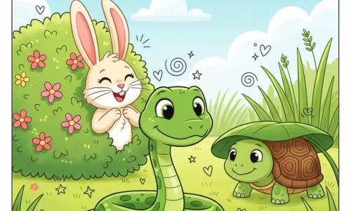 Sammy, a small bright-green snake with shiny scales and big round eyes, smiles and coils playfully in the foreground; Bella, a cream-furred rabbit with pink ears, giggles half-hidden behind a flowering bush to the left; Toby, a calm smiling turtle with a brown shell and green patterns, peeks his head out from under a large leaf to the right; the sunny meadow setting has tall green grass, colorful flowers, a clear blue sky with soft clouds, and the cheerful hide-and-seek scene is rendered in a childlike style with soft outlines and little doodles of hearts and stars.