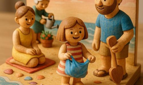 Bambina di 4 anni, gioiosa e fiera, capelli castano chiaro tagliati a caschetto, vestitino estivo a righe rosse e bianche, tiene un piccolo sacchetto di plastica blu raccolto sulla sabbia; vicino a lei un uomo di circa 35 anni, barba corta, maglietta blu e pantaloncini beige (probabile padre), la guarda con orgoglio tenendo una pala da spiaggia in legno; dietro, una donna di circa 33 anni con capelli raccolti e abito estivo giallo (probabile madre) è seduta su un asciugamano sorridendo; sullo sfondo una signora anziana di circa 70 anni annaffia dolcemente vasi di fiori con un piccolo annaffiatoio di metallo; spiaggia di sabbia dorata con conchiglie colorate, onde leggere blu e bianche, cielo rosa pallido al tramonto; scena principale: la bambina raccoglie il sacchetto vicino alla riva in un gesto deciso e calmo, adulti vicini a sostenerla, atmosfera luminosa e calda, colori pastello e texture di legno giocattolo, composizione tipo diorama con prospettiva leggermente dall'alto.