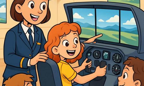 In the center of the image, Captain Amelia Skyler, a female pilot, stands proudly in her navy blue uniform with a cap adorned with a golden insignia. Her face radiates joy and pride, her eyes sparkling with excitement as she explains how a flight simulator works. Next to her, Lily, a 10-year-old girl with curly red hair, sits in the cockpit of the simulator, wide-eyed and smiling broadly. She grips the control stick tightly, ready to take the controls, while Amelia shows her the various instruments. The setting is a classroom transformed into a gym, with posters of aerial landscapes on the walls and a realistic flight simulator at the center, surrounded by curious children observing the scene in awe. The main focus shows Amelia and Lily in a demonstration, with Amelia pointing at the simulator screens, while the other children, sitting on benches, watch with fascination, dreaming of flying in the sky one day.