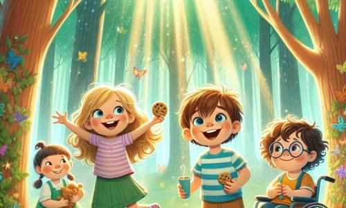 In a sunny clearing, four friends stand together. To the left is Lily, a four-year-old girl with beautiful golden curls and bright blue eyes, joyfully smiling while holding a cookie. Next to her is Max, an energetic four-year-old boy with messy brown hair, jumping with a big smile, ready to listen to the secrets of the trees. A bit further back is Sam, a four-year-old boy wearing round glasses and a striped t-shirt, curiously gazing at the tree with a face lit up by wonder. Finally, on the right is Mia, a four-year-old girl in a colorful wheelchair, radiating happiness while holding a small cup of water she just filled to water flowers. The setting is a magical clearing surrounded by tall trees with emerald green leaves, where sunlight filters through the branches, creating sparkling patterns on the ground. Colorful flowers dot the ground, and a majestic oak stands at the center, its branches extended like welcoming arms. The main scene shows the children listening attentively to the great oak speaking to them in a soft, warm voice, revealing the secret of happiness through the kindness and love they share with others.