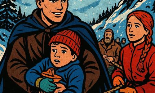 A young man (Eirik, ~18–20), bright determined face, furrowed brows but tender smile, wearing a dark brown wool coat with a folded dark blue cloak at his side, holds a rough rope and cradles a small boy to protect him while standing heroically in the snow; to his right a teenage girl (Tova, ~16), red braided hair and rosy cheeks, holds the other end of the rope and looks at Eirik with relief; the small boy (Hallvard, ~8), frightened but relieved, in mismatched mittens clutching a little wooden boat, is pressed against Eirik and slightly turned toward the viewer; a broad bearded man (Leif, ~45), tanned and in a leather coat, grips the rope’s base with other villagers below as a human anchor; setting: a wooded ridge path with snow-laden dark pines, jutting black rocks, deep drifts and a gray winter sky; scene: cliff-edge rescue—taut rope, swirling snow, strong expressions and gestures of solidarity, vivid color contrasts (blues, browns, reds) and sharp pop-art outlines.