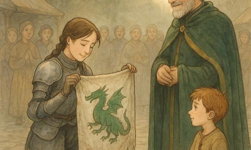 A female knight kneels, proudly holding a crumpled but visible banner: an emerald dragon on a silver field, the fabric soiled yet still bright; she is relieved and humble, wearing matte steel armor with a few scratches, her helmet at her feet and brown braided hair over one shoulder. A 12-year-old boy (Finn) with a red face and flour-dusted patched tunic stands slightly behind her to the left, smiling in wonder, a small wooden amulet hanging from his right hand. The king, a middle-aged man with a gray beard and a simple crown, walks before them holding a neatly folded green velvet cape trimmed in gold, his expression warm and grateful. Villagers of various ages watch from wet cobbles with astonished faces and clasped hands, closed market stalls in the background. The village square borders a dark forest, with uneven stone ground, dissipating morning mist, castle towers on a distant hill, and soft golden dawn light filtering through the trees, capturing a modest triumphant mood of reunited unity as the flag is formally returned.