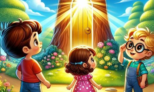 En un parque soleado, tres niños están juntos: Lucas, un niño de cinco años con cabello castaño alborotado y una camiseta roja, mira maravillado una luz brillante detrás de un gran árbol. A su derecha, Sofía, una niña de cinco años con cabello rizado, lleva un vestido rosa con lunares y sonríe con curiosidad. A la izquierda, Tomás, un niño de cinco años con gafas redondas y cabello rubio, ajusta sus gafas mientras observa la luz con curiosidad. El lugar es un parque verde, lleno de flores coloridas y árboles majestuosos, con un cielo azul brillante y algunas nubes blancas. En el centro, una pequeña puerta dorada emerge del tronco del árbol, emitiendo un resplandor azul que atrae la atención de los niños. La situación principal muestra a los niños acercándose a la puerta dorada, fascinados por la luz misteriosa que parece invitarlos a descubrir un mundo mágico.