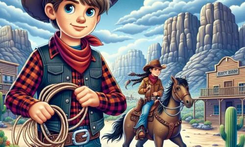 Jake, um jovem cowboy de 12 anos, está corajosamente no centro do palco, com um sorriso determinado no rosto. Ele usa um chapéu de cowboy desgastado, uma camisa xadrez vermelha e calças de denim, segurando firmemente uma corda de laço nas mãos. Seus cabelos castanhos flutuam levemente ao vento, e seus olhos brilham de excitação. Ao lado dele, Sara, uma cowgirl de 11 anos, prepara seu cavalo para a aventura. Ela tem longos cabelos castanhos trançados, veste uma jaqueta de couro e botas de cowboy, e olha para Jake com admiração, pronta para apoiá-lo em sua missão. Ao fundo, a paisagem do Velho Oeste se estende, com montanhas majestosas sob um céu azul brilhante. Cactos e arbustos esparsos adicionam cor ao solo desértico, enquanto a pequena cidade de Dusty Gulch aparece ao longe, com edifícios de madeira e uma atmosfera animada. Jake e Sara se preparam para enfrentar uma gangue de fora da lei que aterroriza sua cidade, determinados a proteger sua comunidade, com a excitação da aventura visível em seus rostos.