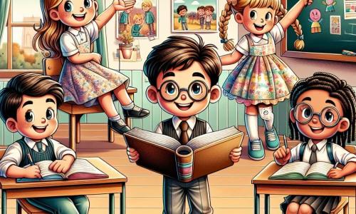 In un'aula luminosa e colorata, vediamo quattro bambini. A sinistra, Luca, un ragazzo di 8 anni con capelli castani e occhiali rotondi, sorride tenendo un grande libro aperto. Accanto a lui, Sara, una ragazza di 8 anni con capelli biondi intrecciati e un vestito a fiori, alza la mano con entusiasmo. Al centro, Marco, un ragazzo di 9 anni con capelli castani e una protesi alla gamba, è seduto su una sedia, ridendo con i suoi amici. Infine, a destra, c'è Chiara, una ragazza con capelli neri e occhiali, che scrive su una lavagna con gessetti colorati. L'aula è decorata con disegni di bambini appesi alle pareti, con banchi di legno e finestre che lasciano entrare la luce del sole. Libri e materiale scolastico sono sparsi sui tavoli, creando un'atmosfera gioiosa e accogliente. I bambini stanno giocando a un gioco di presentazione, ognuno condividendo un fatto divertente su di sé. L'atmosfera è piena di risate ed eccitazione, illustrando la gioia del ritorno a scuola e la scoperta di nuove amicizie.