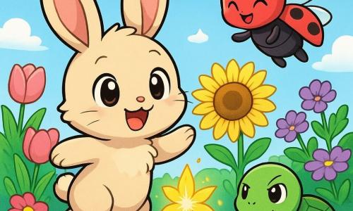 A little rabbit named Benny, with soft beige fur and large curious eyes, happily hops in a colorful garden, a wide smile on his face. Next to him, a small ladybug named Lily, red with black spots, flies enthusiastically, her translucent wings sparkling in the sun as she smiles with her tiny antennae. A turtle named Toby, with a green shell and mischievous eyes, stands a bit back, looking determined and ready to move forward despite his slowness. The garden is filled with bright flowers in vivid colors, including pink tulips, yellow sunflowers, and violets, under a clear blue sky dotted with fluffy clouds. Benny and his friends discover a beautiful golden flower shining at the center of the garden, surrounded by sparkling petals, as they dance around it, filled with joy and excitement.