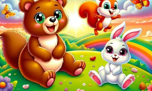 An illustration depicts a large brown bear with soft, silky fur, sparkling eyes, and a wide smile sitting atop a hill, paws resting on its knees, admiring the landscape. Next to it, a small bright red squirrel with mischievous eyes and a bushy tail jumps for joy, its little paws raised in the air, beaming with energy and enthusiasm. A small white rabbit with big ears and a shy look stands a bit back, smiling timidly while admiring its two friends. The main setting is a lush green hill bathed in the golden light of the setting sun, with colorful flowers swaying in the breeze and a sky painted in shades of orange and pink. The scene shows the three friends sharing a moment of happiness, celebrating their friendship at the hilltop, surrounded by the beauty of nature. Other graphic elements include colorful butterflies flying around them, soft fluffy clouds in the sky, and a small basket filled with fruits and nuts beside them, symbolizing sharing and the joy of friendship.