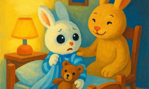 The main character is a small bunny in blue-and-white striped pajamas with fluffy white fur, big bright eyes and a fearful but curious expression, sitting on the edge of a wooden child's bed clutching its blanket; the mother rabbit, larger with soft beige fur and a reassuring smile, sits on a chair near the bed with a hand on the bunny's shoulder and a tender, calm gaze; a brown teddy with one slightly worn eye rests on the bunny's lap as a comforting toy; the small warm bedroom has pale yellow walls, a bedside lamp casting a soft yellow circle of light, slightly shaded corners and a window showing a starry night sky; the scene shows the bunny hesitantly looking toward the dark corner while the mother reassures it under the soft light, with a marked contrast between the bright area around the bed and the bluish shadows of the corner.