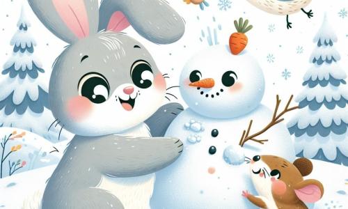 An illustration depicts a small gray rabbit with big ears and a joyful expression, building a snowman. Next to him is a little brown mouse with a bright smile and sparkling eyes, enthusiastically rolling a snowball. A colorful bird with blue and yellow feathers joyfully flies above them, singing a cheerful melody. The scene takes place in an enchanting winter landscape, with a large snow-covered tree in the background, snowflakes gently falling from the sky, and a nearby snow-covered hill. The rabbit and mouse are placing a carrot on the snowman's face, surrounded by laughter and joy. Paw prints in the snow and small piles of snow add a touch of magic to this lively winter scene.