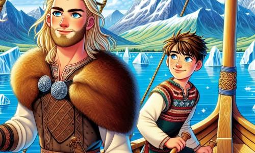 Een jonge Viking genaamd Eirik, ongeveer 18 jaar oud, staat op de boeg van een houten schip, met een vastberaden gezicht en ogen vol moed. Hij heeft lang blond haar, een goed onderhouden baard en draagt een leren tuniek versierd met Noordse motieven. Eirik kijkt met een opgewonden en avontuurlijke uitdrukking naar de horizon. Naast hem staat zijn vriend Sigurd, een 17-jarig jongen met bruin haar en sprankelende ogen, die een peddel vasthoudt, klaar om te roeien. Hij draagt een wollen tuniek en een bontmantel, en zijn glimlach toont zijn enthousiasme voor het avontuur dat hen te wachten staat. Hun schip vaart over een rustige zee, omringd door majestueuze besneeuwde bergen op de achtergrond, terwijl glinsterende ijsbergen zachtjes op het water drijven. De lucht is helder blauw met donzige witte wolken. Eirik en Sigurd verkennen een mysterieuze spookschip, aangespoeld en bedekt met ijs, dat oprijst uit de diepten van de baai. De sfeer is doordrenkt van mysterie en opwinding, terwijl ze zich voorbereiden om een oud geheim te ontdekken dat in de diepten van de zee is begraven.