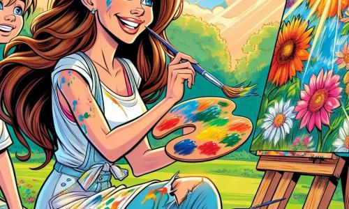 Eine junge Frau namens Mia, mit langen braunen Haaren und kreativen, funkelnden Augen, sitzt auf einem Holzstuhl und lächelt breit. Sie hält einen Pinsel in einer Hand und eine Palette mit leuchtenden Farben in der anderen, während sie eine wunderschöne Leinwand mit bunten Blumen malt. Neben ihr beobachtet ein 10-jähriger Junge namens Tim, mit blonden Haaren und neugierigen Augen, aufmerksam ihre Arbeit, seine Hände sind mit Farbe bedeckt. Sie befinden sich in einem sonnigen Park, umgeben von grünen Bäumen und leuchtenden Blumen, mit einem großen blauen Himmel im Hintergrund. Die Szene zeigt Mia und Tim, die einen fröhlichen und inspirierenden Moment teilen, während sie gemeinsam die Magie der Kunst im Freien erkunden.