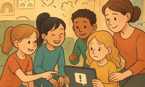 Fünf Personen: Lena (~10) mit hellbraunem Pferdeschwanz sitzt links am Couchtisch und zeigt lächelnd mit einem Finger auf das Tablet; Mia (~9) mit schwarzen Zöpfen sitzt gegenüber, lächelt ermutigend; Carla (~11) mit welligem blondem Haar sitzt rechts, hält das Tablet besorgt wie eine Benachrichtigung zeigend; Yunis (~10) mit kurzen Locken steht hinter Carla und beugt sich unterstützend vor; die Mutter (~35) mit gebundenen braunen Haaren hockt rechts, legt eine Hand auf Carlas Schulter und reicht mit der anderen ein Keks. Gemütliches, warmes Wohnzimmer mit grünem Sofa, gemustertem Teppich, regennassen Fenstern, dampfender Kakaotasse und Kinderzeichnungen an der Wand. Szene: Kinder um ein Tablet mit verdächtiger Nachricht versammelt, besorgte und unterstützende Gesten, Mutter tröstet ruhig.