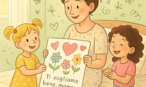 Ci sono tre personaggi: una madre di circa 30 anni, pelle chiara, capelli castano raccolti in un piccolo chignon, vestito casalingo a fiori pastello, seduta sul letto contro i cuscini, sorridente ed emozionata mentre guarda il disegno; due bambine di 6 anni: Sofia, bionda con due codini, vestito giallo a pois bianchi, a sinistra del letto che porge un grande disegno colorato pieno di cuori e fiori con aria fiera; Giulia, bruna riccia, maglietta rosa e gonna azzurro chiaro, a destra del letto che tiene confetti di carta ridendo dolcemente vicino alla sorella. Ambientazione: camera luminosa di mattina con tende bianche traslucide e raggio dorato, parete verde pallido, letto con coperta trapuntata crema e cuscini geometrici, comodino in legno chiaro con vecchio telefono grigio, fogli e scatola di pastelli sul pavimento. Situazione: le bambine offrono un disegno grande con cuori rosa, fiori blu e la scritta infantile 