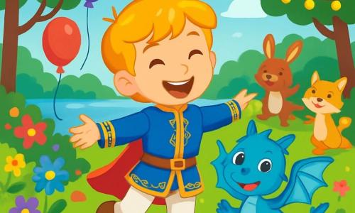 Il principe Gabriele, un ragazzo di circa 10 anni, ha capelli dorati brillanti e un grande sorriso radioso di gioia. Indossa una tunica blu decorata con motivi dorati e pantaloni bianchi, mentre danza felicemente in mezzo a una festa, circondato da risate e colori vivaci. Accanto a lui, Puffo, un piccolo drago blu con ali scintillanti, batte le ali con eccitazione, pronto a volare. Puffo ha grandi occhi brillanti e un'espressione birichina, e si trova proprio accanto al principe, condividendo la sua felicità. Lo scenario è un giardino incantevole, pieno di fiori multicolori, palloncini fluttuanti e festoni luminosi. Sullo sfondo, un lago cristallino riflette il cielo blu, mentre animali gioiosi danzano intorno a loro, creando un'atmosfera festosa e magica. La scena principale mostra il principe e Puffo che celebrano una festa gioiosa, circondati da amici animali, con risate e musica nell'aria, illustrando la magia dell'amicizia e della gioia condivisa.