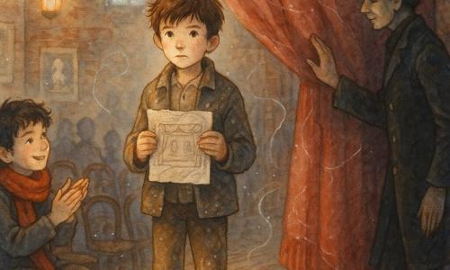 Ci sono 3 personaggi: Nico, ragazzo di 11 anni, capelli castani spettinati, volto serio ma emozionato, giacca semplice macchiata di segatura, stringe al centro del palco il suo disegno di teatro stropicciato, sguardo rivolto al pubblico; Teo, ragazzo di 11 anni, capelli neri ricci, grande sciarpa rossa, sorriso malizioso, seduto in prima fila leggermente a sinistra di Nico, applaude con orgoglio; Maestro Lario, uomo adulto, figura sottile, giacca lunga scura con bottoni lucenti, cappello morbido inclinato, sta nell’ombra vicino alle quinte a destra del palco, mano sul bordo del tendone come a benedire il momento. Luogo: vecchio teatro urbano riparato alla meno peggio: legno consumato, file di sedie scure, lanterne con luce ambrata, sipario rattoppato color granato con cuciture d’argento, palco polveroso, muri di mattoni con manifesti sbiaditi, piccola finestra alta da cui si intravedono bagliori d’acqua. Situazione: sera d’apertura improvvisata: Nico in piedi sul palco con luce calda sul viso, tiene il disegno come una promessa; il vento cittadino si manifesta in nastri d’aria traslucidi e piccole particelle luminose che danzano e sollevano la polvere; il pubblico è suggerito da sagome sfocate, atmosfera tenera e speranzosa, miscela di antico e magia urbana.