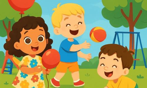 A 2-year-old girl with big bright eyes and curly hair joyfully smiles while holding a red balloon. She wears a colorful floral dress and yellow sandals. Next to her, a 3-year-old boy with blonde hair and a blue t-shirt throws a ball with a big smile. Another 2-year-old boy with brown hair and green shorts is picking up the ball from the ground, laughing heartily. The park is filled with greenery, majestic trees, vibrant flowers, and a clear blue sky dotted with fluffy white clouds. In the background, a colorful slide and a swing gently sway. The main scene shows the children playing together, laughing and having fun in the sun, creating a joyful and friendly atmosphere.
