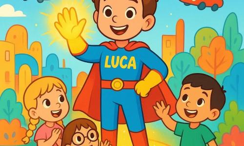 Un uomo supereroe, di nome Luca, si trova al centro della scena, con una mano brillante di luce dorata. Ha un sorriso caloroso e occhi scintillanti di entusiasmo. I suoi capelli sono castani e leggermente arruffati, e indossa un costume colorato con motivi luminosi. Accanto a lui, un gruppo di tre bambini, due ragazze e un ragazzo, lo guarda con meraviglia. La prima ragazza, di 6 anni, ha capelli biondi e trecce, indossa un vestito rosa. La seconda ragazza, di 5 anni, ha capelli castani e occhiali, è vestita con una maglietta blu. Il ragazzo, di 7 anni, ha capelli neri e indossa pantaloni corti verdi. Sono tutti e tre in piedi su un ponte di luce, ridendo e applaudendo. Il luogo è una città luminosa e colorata, con edifici dalle forme strane e alberi con foglie multicolori. Il cielo è di un blu intenso, punteggiato da nuvole bianche e soffici. Auto volanti passano dolcemente sopra di loro, aggiungendo un tocco di magia all'ambiente. La situazione principale mostra Luca che ha riparato un ponte crollato con la sua mano di luce, permettendo ai bambini di attraversare in sicurezza. I bambini sono gioiosi ed entusiasti, mentre Luca, con un'espressione fiera e benevola, li incoraggia ad andare avanti.