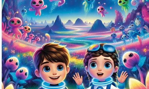 Max, ein Junge mit braunen Haaren und neugierigen Augen, trägt ein weiß-blaues Astronautenanzug. Er lächelt begeistert mit offenen Armen, als ob er den Weltraum umarmen möchte. Neben ihm steht Mia, ein 10-jähriges Mädchen mit blonden, geflochtenen Haaren, die ebenfalls ein Astronautenanzug trägt. Sie hebt die Hand, um bunten, tanzenden Außerirdischen zu winken, ihre Augen strahlen vor Freude. Ben, ein 11-jähriger Junge mit schwarzen Haaren und Brille, beobachtet fasziniert die seltsamen Pflanzen um sie herum, mit einem breiten Lächeln im Gesicht. Die Szenerie ist eine farbenfrohe, außerirdische Landschaft mit leuchtenden Blumen in strahlendem Rosa, Lila und Blau und einem sternenübersäten Himmel mit funkelnden Planeten. Sanfte Hügel und seltsame Felsformationen im Hintergrund verstärken die Magie des Ortes. Die Hauptsituation zeigt Max und seine Freunde, die eine neue Welt entdecken, umgeben von freundlichen, tanzenden Kreaturen, die eine Atmosphäre von Freude und Abenteuer schaffen.