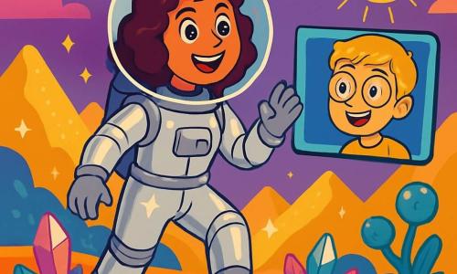 O astronaută, Andreea, o femeie cu părul brun și creț, poartă o combinație spațială argintie strălucitoare. Fața ei exprimă uimire și entuziasm, cu ochii strălucind de curiozitate. Ea se află pe solul unei planete necunoscute, înconjurată de munți strălucitori și nori colorați, observând peisajul fascinant. Lângă ea, Darius, un băiat de 10 ani cu părul blond și ochelari rotunzi, apare pe un ecran de comunicare. El zâmbește entuziast, cu ochii mari, în timp ce pune întrebări despre ceea ce descoperă Andreea. Locul este o planetă misterioasă, cu un cer violet și munți aurii care strălucesc sub un soare orbitor. Cristale colorate ies din sol, iar plante ciudate cu forme unice cresc în jurul lor. Situația principală o arată pe Andreea pregătită să facă primul pas pe această nouă planetă, plină de entuziasm și curiozitate, în timp ce Darius o încurajează de pe ecran, nerăbdător să afle ce va descoperi.