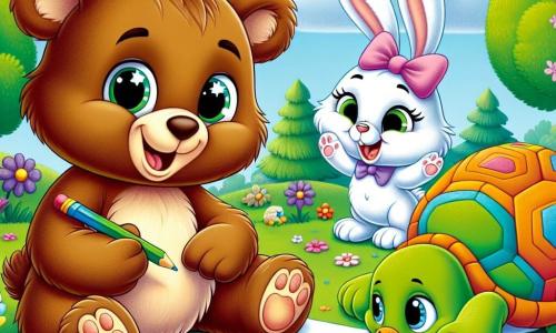 Un oso alegre llamado Bruno, con pelaje marrón y ojos brillantes, está sentado sobre la hierba verde, sonriendo y sosteniendo un lápiz de colores. A su lado, una pequeña coneja blanca llamada Lila, con orejas grandes y un lazo rosa, salta de alegría sosteniendo un dibujo de una flor azul. Un pato amarillo brillante llamado Pipo, con un pico naranja, nada en un pequeño charco, mirando a los demás con una sonrisa divertida. Una tortuga verde llamada Tila, con un caparazón decorado con patrones coloridos, está sentada tranquilamente, dibujando una flor con sus patas. El lugar es un parque primaveral, lleno de flores brillantes, grandes árboles de hojas verdes y un cielo azul claro salpicado de nubes blancas. La escena principal muestra a Bruno y sus amigos dibujando flores en el suelo, rodeados de la belleza de la naturaleza, celebrando la primavera con risas y creatividad.