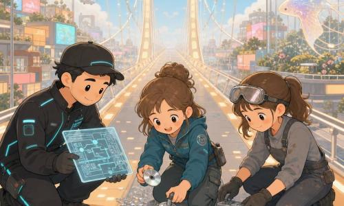A bright, optimistic scene on the Sunspan Bridge showing 12-year-old Mina—light brown hair in a messy bun, petrol-blue jacket, cargo pants—holding a small shiny sensor disk in her left hand and a silver mini-suction in her right; to her right 12-year-old Rin, shy and hopeful with welding goggles on her forehead and stained grey overalls, adjusts a small luminous rectangular motor on the roof behind Mina; to the left a calm, smiling 35-year-old technician, Sol, in a black jacket with cyan light lines and a cap, holds a holographic tablet showing a circuit diagram; the trio remove a strip of metallic confetti from a dull panel and install a small buffer module to stabilize energy as gentle beams of light re-synchronize across the honey-colored bridge, which features smooth rectangular light slabs, thin cables and filaments under a translucent layer, terraced roofs with miniature gardens, colorful billboards, floating bubble shuttles, and a silver greenhouse with a kite-sail shaped like a luminous ray; palette of warm pastels (honey, coral, soft cyan) with silver metallic accents and pale neons, simple composition with characters in the foreground, slight perspective, soft expressions, rounded shapes, thin outlines, optimistic atmosphere.