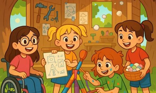 There are 4 children: - Lily: a 9-year-old girl with long brown hair and round glasses, sitting in a wheelchair decorated with colorful stickers, smiling enthusiastically. - Emma: a 9-year-old girl with blonde pigtails and a big smile, standing while holding a large drawing board full of sketches of their invention. - Chloe: a 9-year-old girl with messy red hair and paint splatters on her clothes, crouched near the catapult, painting rainbow patterns on the wood. - Mia: a 9-year-old girl with brown hair tied in a ponytail, standing with a basket full of colorful marshmallows, ready to launch them into the catapult. The setting is a large treehouse perched between two majestic oaks, with light wooden walls adorned with paper flower garlands. Inside, sunlight filters through the leaves, illuminating scattered invention tools and drawings on the walls. At the center, a colorful catapult made of wooden sticks and rubber bands awaits testing. The main scene shows the children gathered around their catapult, eyes shining with excitement. Emma pulls the catapult's string while Mia prepares to launch a marshmallow. Chloe, brush in hand, pauses to admire their invention, while Lily smiles, ready to cheer on her friends. Marshmallows fly through the air, creating a joyful scene full of laughter.