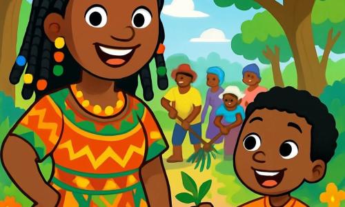 A woman, Mama Zuri, stands at the center of the scene, radiant and smiling, with braided black hair adorned with colorful beads. She wears a vibrant dress with African patterns, and her eyes shine with determination and kindness. Beside her, a 7-year-old boy, Kofi, with sparkling eyes, joyfully pulls weeds, his little hand covered in dirt, while looking at Mama Zuri with admiration. In the background, a group of villagers, men and women of all ages, are busy clearing a path lined with majestic trees and bright flowers under a bright blue sky. The setting is a lush forest, with sunlight filtering through the leaves, creating dancing shadows on the ground. The main scene shows Mama Zuri and the villagers united in a joyful effort to clear the path to the neighboring village, with smiles on their faces, singing together and working side by side, symbolizing cooperation and friendship.