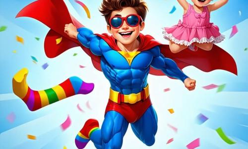 En el centro de la imagen, un hombre superhéroe llamado Pablo, con un traje colorido azul y rojo, una gran sonrisa en el rostro y calcetines multicolores volando a su alrededor, está haciendo acrobacias en el aire. A su derecha, una niña de unos 7 años, con cabello rizado y un vestido amarillo con lunares, levanta los brazos, maravillada por el espectáculo. Detrás de ellos, un grupo de niños aplaude con entusiasmo, mientras una niña de 6 años con una trenza roja intenta tomar una foto con su cámara. El lugar es un parque soleado, lleno de árboles verdes, flores coloridas y risas de niños. La situación principal muestra a Pablo volando en el aire, rodeado de sus calcetines voladores, mientras los niños lo animan y ríen, creando una atmósfera festiva y mágica.