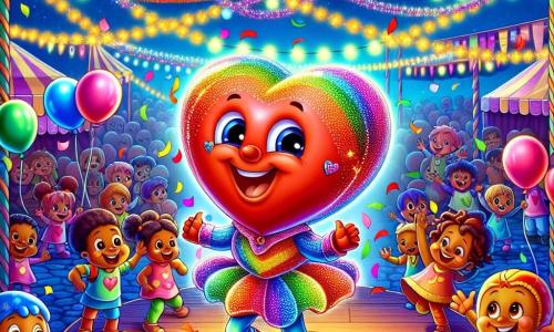 Ein fröhlicher Ballon namens Bobo, in Herzform, schwebt mit einem großen Lächeln und funkelnden Augen voller Glück in der Luft, gekleidet in ein buntes Regenbogenkostüm, das in der Sonne glänzt. Neben ihm tanzen lebhafte Konfetti, kleine Kreaturen in bunten Kreisen, um ihn herum und sprühen Freude und Farben in die Luft. Ein leuchtender Glühwürmchen mit funkelnden Flügeln schwirrt um Bobo und zeigt eine aufgeregte Miene, während es die Szene mit seinem sanften Licht erhellt. Der Ort ist ein festlicher Karneval, gefüllt mit Ständen, die mit bunten Girlanden, schwebenden Ballons und funkelnden Lichtern dekoriert sind, während Kinder im Hintergrund lachen und spielen. Die Hauptsituation zeigt Bobo, der auf einer Bühne tanzt, umgeben von seinen Freunden, während sie gemeinsam den großen Kostümwettbewerb feiern und eine Atmosphäre von Freude und Kameradschaft schaffen.