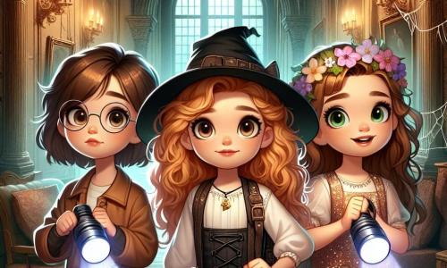 In an old haunted house, three 12-year-old girls stand together, illuminated by the glow of their flashlights. Maya, with brown hair and glasses, wears an adventurer costume with a hat and backpack. Next to her, Chloe, with curly blonde hair, is dressed as a witch in a black dress and pointed hat, sporting a mischievous smile. Finally, Lily, with brown hair and a flower crown, is in a sparkling fairy dress, her eyes shining with wonder. The scene takes place in the grand hall of the house, where cobwebs hang from ornate ceilings and shadows dance on cracked walls. Dust-covered antique furniture fills the room, and a mysterious light emanates from a slightly open door, revealing a dark, intriguing hallway. The girls, fascinated and a bit scared, move towards the light, ready to uncover the secrets of the haunted house, while a gentle breeze rustles the curtains, adding a touch of magic to the atmosphere.