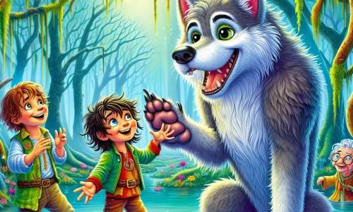 Ein freundlicher Werwolf mit weichem, silbernem Fell und leuchtenden, ausdrucksvollen Augen steht im Mittelpunkt der Szene und zeigt ein großes, fröhliches Lächeln. Er streckt die Pfote zu einer Gruppe von Freunden aus und zeigt seine Begeisterung und Freundlichkeit. Rechts von ihm steht ein 8-jähriger Junge namens Felix mit zerzausten braunen Haaren und bunten Kleidern, der den Werwolf mit weit aufgerissenen Augen voller Überraschung und Freude ansieht und vor Energie auf der Stelle hüpft. Links sitzt eine freundliche Schildkröte namens Theodor mit einem grünen Panzer, der mit goldenen Mustern verziert ist, langsam und weise lächelnd auf einem Felsen und beobachtet die Szene mit Wohlwollen. Die Kulisse ist ein wunderschöner und mysteriöser Sumpf mit knorrigen Baumstämmen, hängenden Lianen und bunten Blumen, die aus dem morastigen Boden wachsen. Ein leichter Nebel schwebt über dem glitzernden Wasser und schafft eine magische, bezaubernde Atmosphäre. Die Hauptsituation zeigt den Werwolf und seine Freunde, die ihr kürzliches Abenteuer feiern, lachen und Geschichten unter den Sonnenstrahlen erzählen, die durch den Nebel brechen, erfüllt von Freude und Freundschaft.