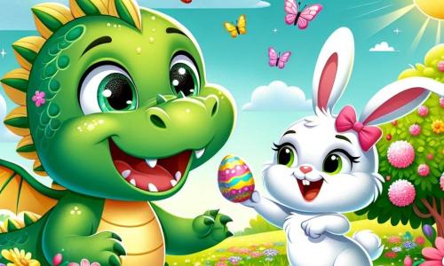 Un pequeño dragón verde con escamas brillantes y ojos chispeantes de alegría, con una amplia sonrisa, busca huevos de Pascua coloridos en un jardín soleado. A su lado, una conejita blanca con grandes orejas y un lazo rosa alrededor del cuello salta de felicidad, con los ojos brillantes de emoción mientras señala un huevo escondido bajo un arbusto florecido. El jardín está lleno de flores vibrantes, mariposas revoloteando y un cielo azul claro, creando una atmósfera alegre y festiva. La escena muestra al dragón y a la conejita en plena búsqueda de huevos, rodeados de colores vivos y risas, ilustrando la magia y la alegría de la Pascua.