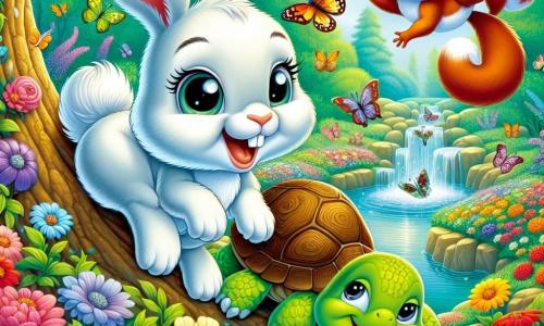Pipo, un pequeño conejo blanco con grandes orejas y ojos brillantes de curiosidad, salta alegremente en un jardín colorido, buscando un huevo de Pascua escondido. Tiene una sonrisa radiante en su rostro, mostrando su emoción. Cerca de allí, Lila, una ardiente ardilla de pelaje rojizo y ojos vivos, trepa por una rama de árbol, mirando a su alrededor con un aire travieso, lista para ayudar a su amigo. Tito, una tortuga de caparazón verde y ojos sabios, se mueve lentamente por el suelo, observando atentamente las flores con una expresión concentrada. El jardín está lleno de flores brillantes de todos los colores, las mariposas danzan en el aire y una fuente mágica brilla en el centro, añadiendo un toque de misterio al entorno. La escena muestra a Pipo y sus amigos en plena búsqueda del misterioso huevo de Pascua escondido, rodeados de la belleza encantada del jardín.