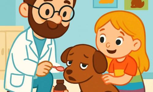 Un veterinario hombre, el doctor Lucas, sonriente y benevolente, lleva una bata blanca y gafas redondas. Tiene el cabello castaño y una barba ligera. Está agachado, sosteniendo una cucharita rosa con jarabe, listo para darle el medicamento a un adorable perrito marrón llamado Tito, que parece curioso y un poco cansado. A su lado, Ana, una niña de 6 años con cabello largo y rubio, lleva un vestido colorido. Mira atentamente al veterinario, con los ojos brillantes de esperanza, mientras acaricia suavemente a Tito. La escena se desarrolla en una clínica veterinaria luminosa, con paredes pintadas de azul claro, carteles de diferentes animales colgados y juguetes suaves esparcidos por el suelo. El doctor Lucas ayuda a Tito a tomar su medicamento, mientras Ana, llena de amor y preocupación, observa con una gran sonrisa, lista para cuidar de su amigo de cuatro patas.