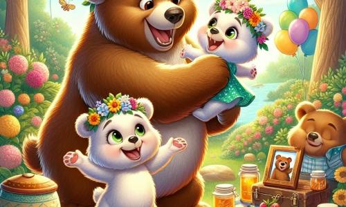 Ilustración que representa un pequeño oso marrón, con un pelaje suave y ojos chispeantes de alegría, sosteniendo una corona de flores coloridas y sonriendo con entusiasmo. A su lado, una pequeña osa blanca, con ojos brillantes y una sonrisa radiante, baila alegremente mientras sostiene un antiguo marco de fotos que muestra una imagen de su papá oso. Su padre, un gran oso marrón, está en el centro, con una expresión emotiva y una amplia sonrisa, llevando la corona de flores en su cabeza, rodeado de sus hijos. La escena tiene lugar en un jardín exuberante, lleno de flores brillantes de colores vivos, vegetación frondosa y una gran manta de picnic con deliciosos manjares como tarros de miel y un pastel. La situación principal muestra a los tres osos celebrando alegremente el día del padre, rodeados de risas y amor, con rayos de sol filtrándose a través de los árboles, creando una atmósfera cálida y festiva. Otros elementos gráficos incluyen globos coloridos flotando en el aire, pájaros cantando en los árboles y un cielo azul claro salpicado de nubes blancas esponjosas.