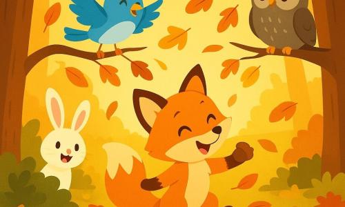 Finley, a small red fox (main character) with bright orange fur and a very bushy tail, balances on falling leaves holding a dark brown hazelnut; Bella, a small blue tit (secondary), lively and smiling, perches on a branch above, fluttering her wings; Oliver, a round gray owl (secondary), calm and kind, sits on a higher right branch watching with soft round eyes; Lily, a fluffy white rabbit (secondary), surprised and joyful, pops out of a low bush on the left with ears up; setting: a wooded clearing at the edge of a meadow, ground carpeted with red, yellow, and brown leaves, a few acorns and mushrooms scattered, golden low autumn sunlight filtering through tree trunks; scene: a warm, lively autumn moment with leaves swirling around the fox playing, surrounded by friends, saturated colors and simple shapes suitable for toddlers.