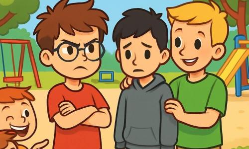 Es gibt drei Charaktere: - Tim: ein 9-jähriger Junge mit zerzausten braunen Haaren und runden Brillen. Er trägt ein rotes T-Shirt und eine blaue Shorts. Er steht links, mit verschränkten Armen und einem entschlossenen Ausdruck. - Jonas: ein 9-jähriger Junge mit kurzen blonden Haaren und einem freundlichen Lächeln. Er trägt ein grünes T-Shirt und eine beige Hose. Er steht rechts von Tim, bereit, seinem Freund zu helfen. - Ben: ein 9-jähriger Junge mit schwarzen Haaren und einem traurigen Gesicht. Er trägt einen grauen Sweatshirt und eine Jeans. Er steht in der Mitte, leicht im Hintergrund, und schaut Tim und Jonas dankbar an. Der Ort ist ein großer Schulspielplatz, umgeben von hohen Bäumen mit leuchtend grünen Blättern. Der Boden ist mit Sand und Gras bedeckt, mit bunten Spielgeräten im Hintergrund, wie Schaukeln und einer Rutsche. Der Himmel ist blau mit einigen flauschigen weißen Wolken. Die Hauptsituation zeigt, wie Tim und Jonas mutig eingreifen, um Ben zu verteidigen, der von einigen spöttischen Kindern umgeben ist. Die Gesichter der spöttischen Kinder zeigen spöttische Lächeln, während Tim und Jonas ernsthafte und entschlossene Ausdrücke haben, bereit, ihren neuen Freund zu beschützen.